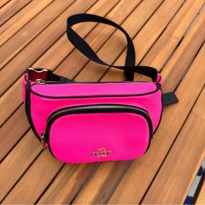Coach Court Belt Bag Neon Pink Colorblock Fanny Pack Gold Pebble Leather C6077